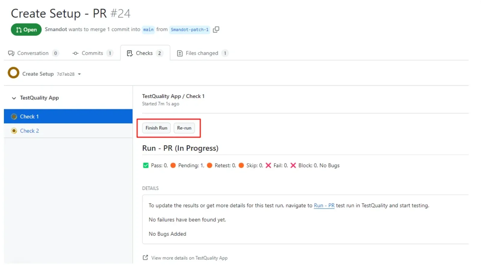 A GitHub pull request’s Checks tab showing a TestQuality App test run with pass, pending, retest, skip, fail and block counts