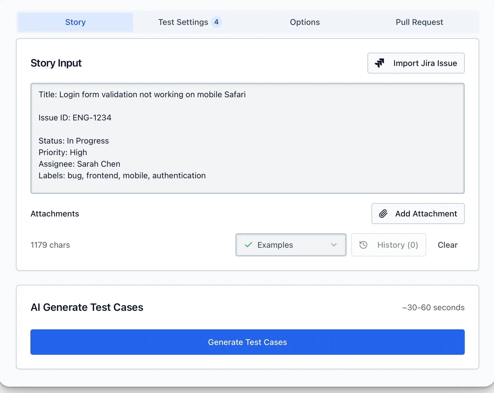 TestStory.ai turning a Jira story into AI-generated test cases