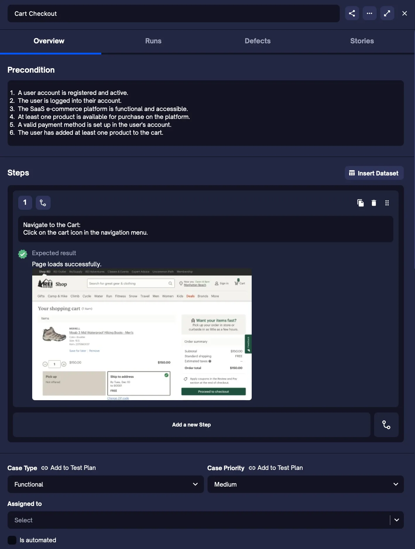 A TestQuality test case with preconditions and steps, linked to a pull request