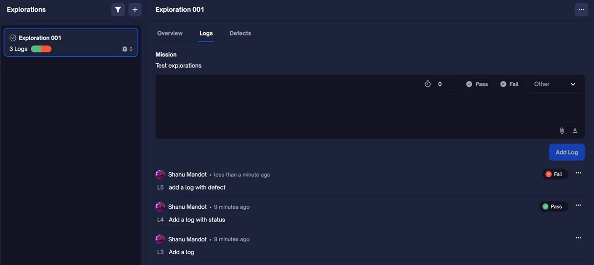 Logging an exploratory testing session in TestQuality Explorations